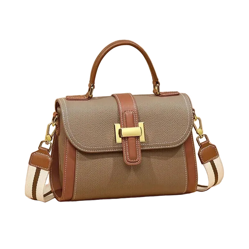 Beige handbag with brown accents on a beige background
