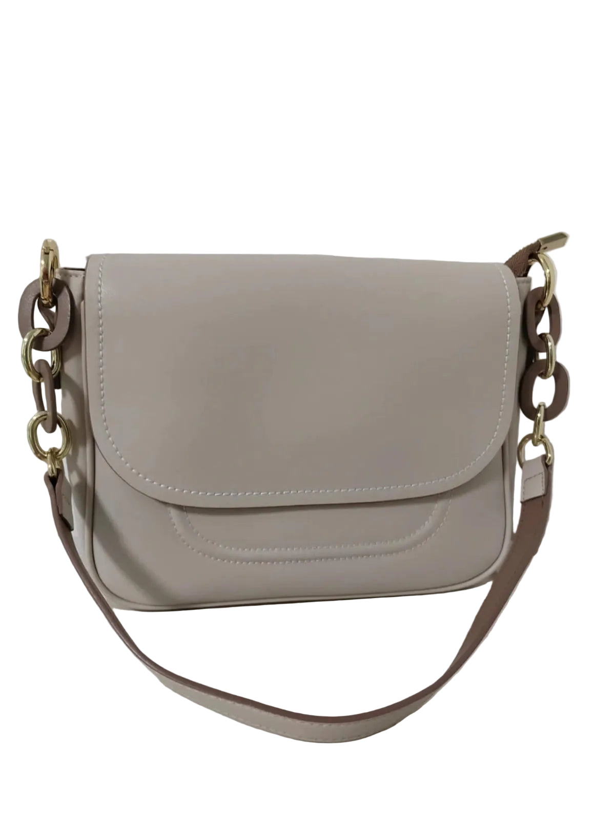 A light beige leather shoulder bag with a flap closure, featuring a matching leather strap and gold-tone chain details on the sides, displayed against a white paneled background.