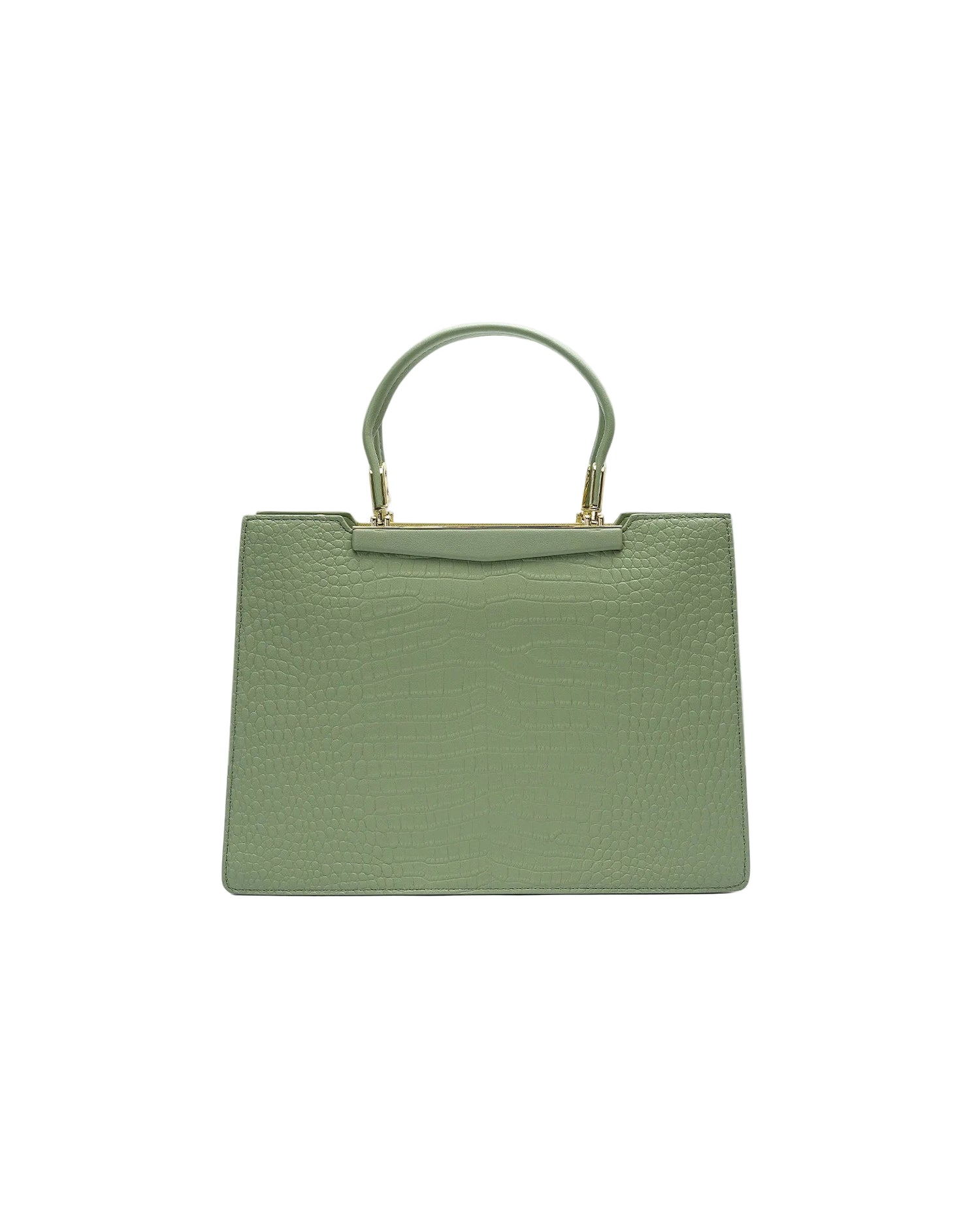 A sage green textured leather handbag with a structured rectangular shape, a top handle, and gold-tone hardware, shown against a plain light gray background.