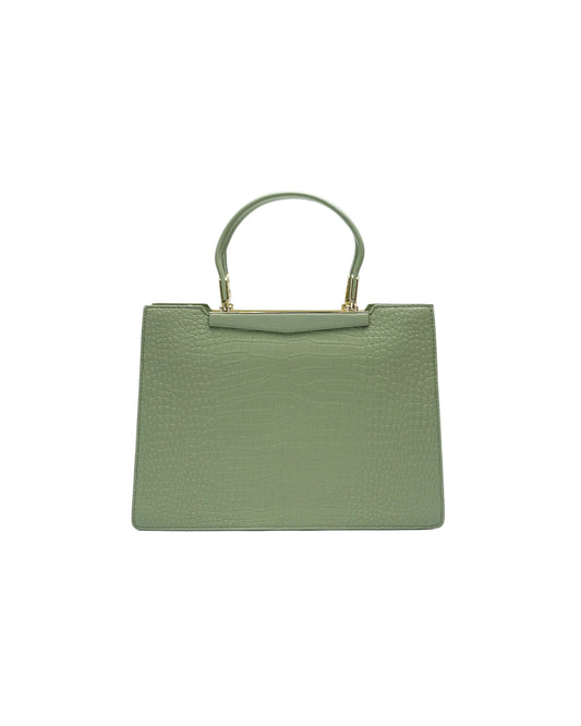 A sage green textured leather handbag with a structured rectangular shape, a top handle, and gold-tone hardware, shown against a plain light gray background.